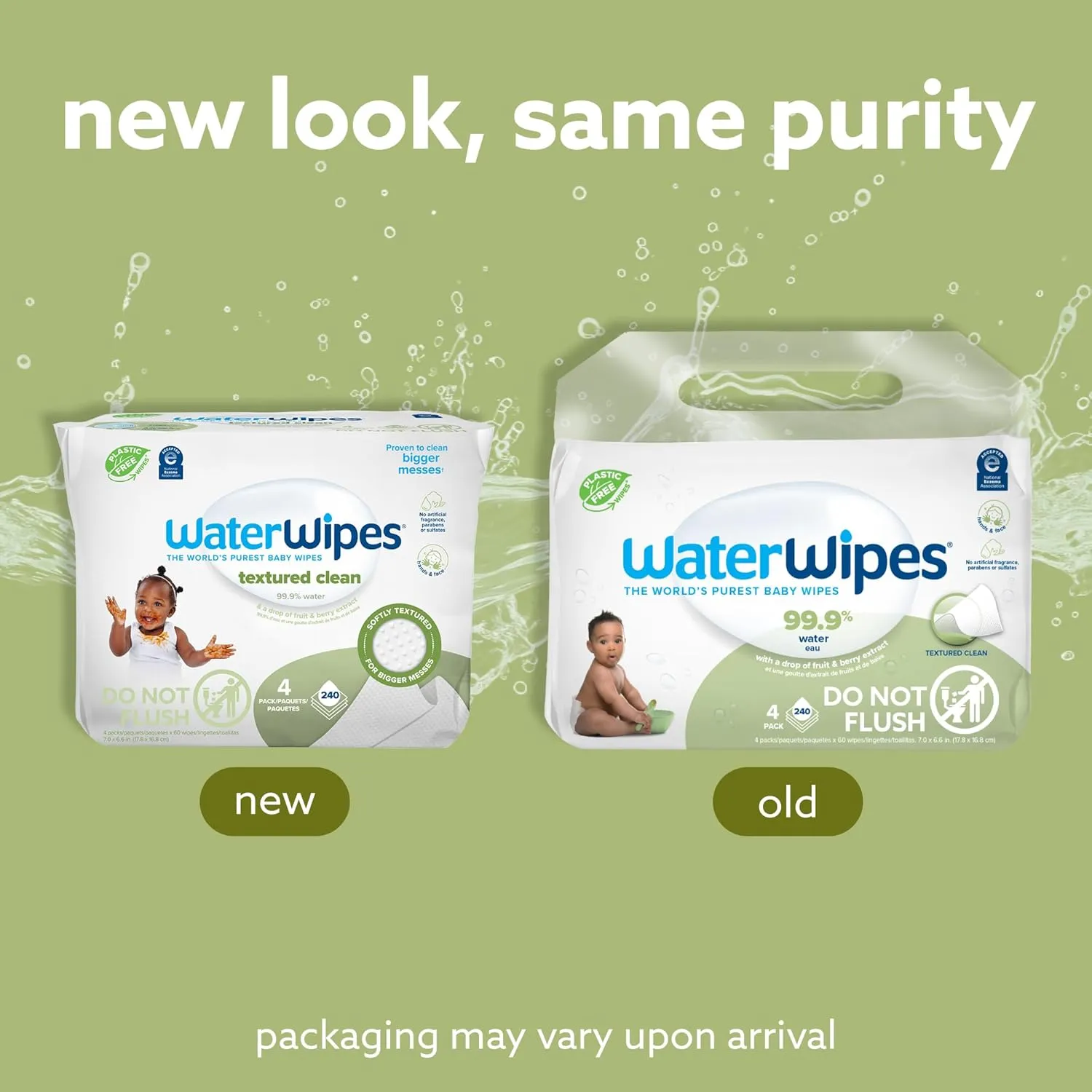 WaterWipes Plastic-Free Textured Clean, Toddler & Baby Wipes, 99.9% Water Based Wipes, Unscented & Hypoallergenic for Sensitive Skin, 60 Count (Pack of 4), Packaging May Vary
