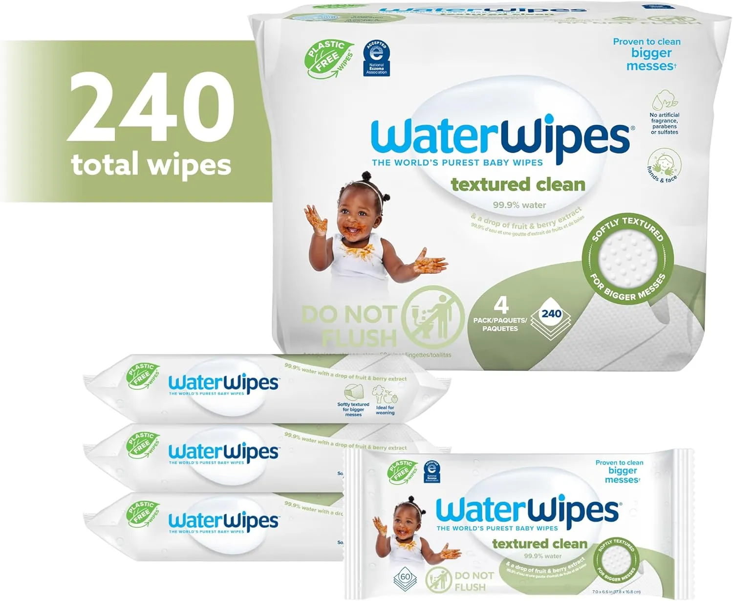 WaterWipes Plastic-Free Textured Clean, Toddler & Baby Wipes, 99.9% Water Based Wipes, Unscented & Hypoallergenic for Sensitive Skin, 60 Count (Pack of 4), Packaging May Vary